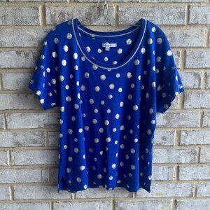 Chico's Short Sleeve Crew Neck 100% Linen Silver Dot Blue T-Shirt Size 2 (L).